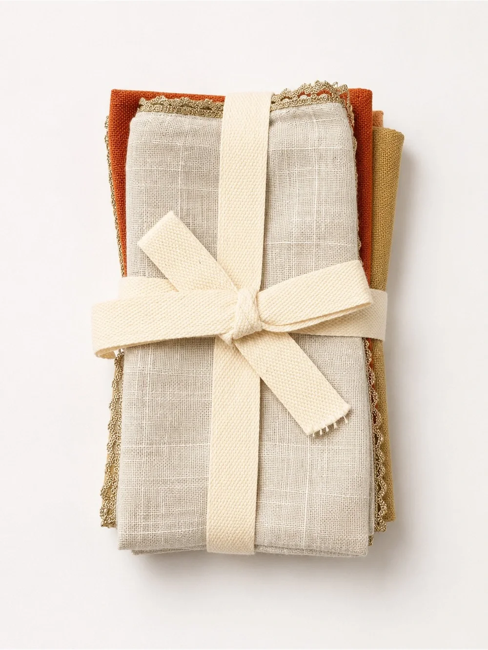 Kenley Set of 4 Cloth Napkins 16x16 Ivory Rust Natural Gold Trim